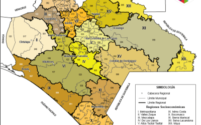 Mapa de los municipios y regiones del estado de Chiapas.
